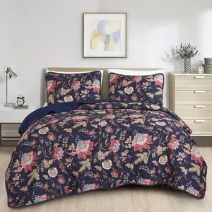 3-Piece Elegant Polyester Vintage-Inspired Floral Quilt Bedspread Set Soft Durable Year-Round Comfort Machine Washable Fade-Resistant Queen King Sizes