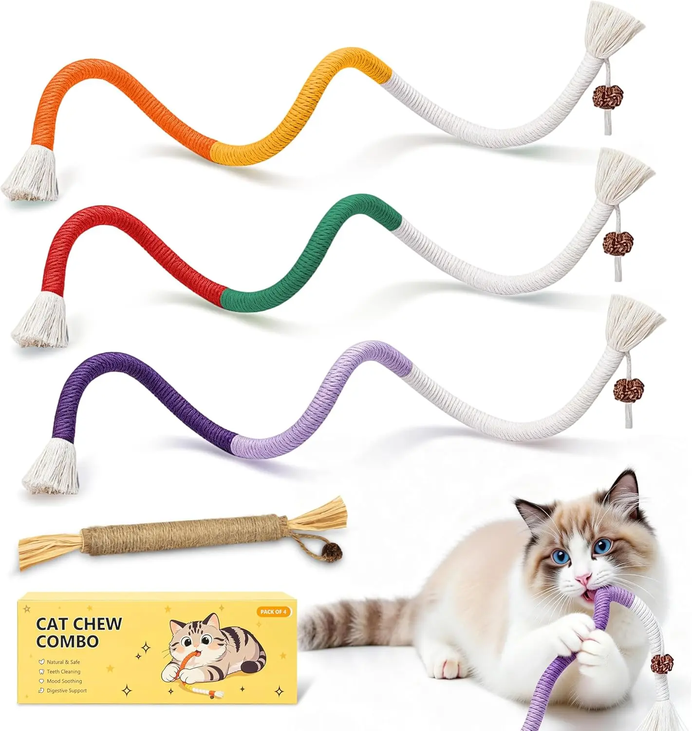 Cat Toys for Indoor Cats, Chew Ropes 3Pcs & Silvervine Stick 1Pcs with Gall Fruit, Refillable Catnip, Interactive Kitten Toys & Teething Toys, Safe Teeth Cleaning for All Breeds (19.5 Inches)