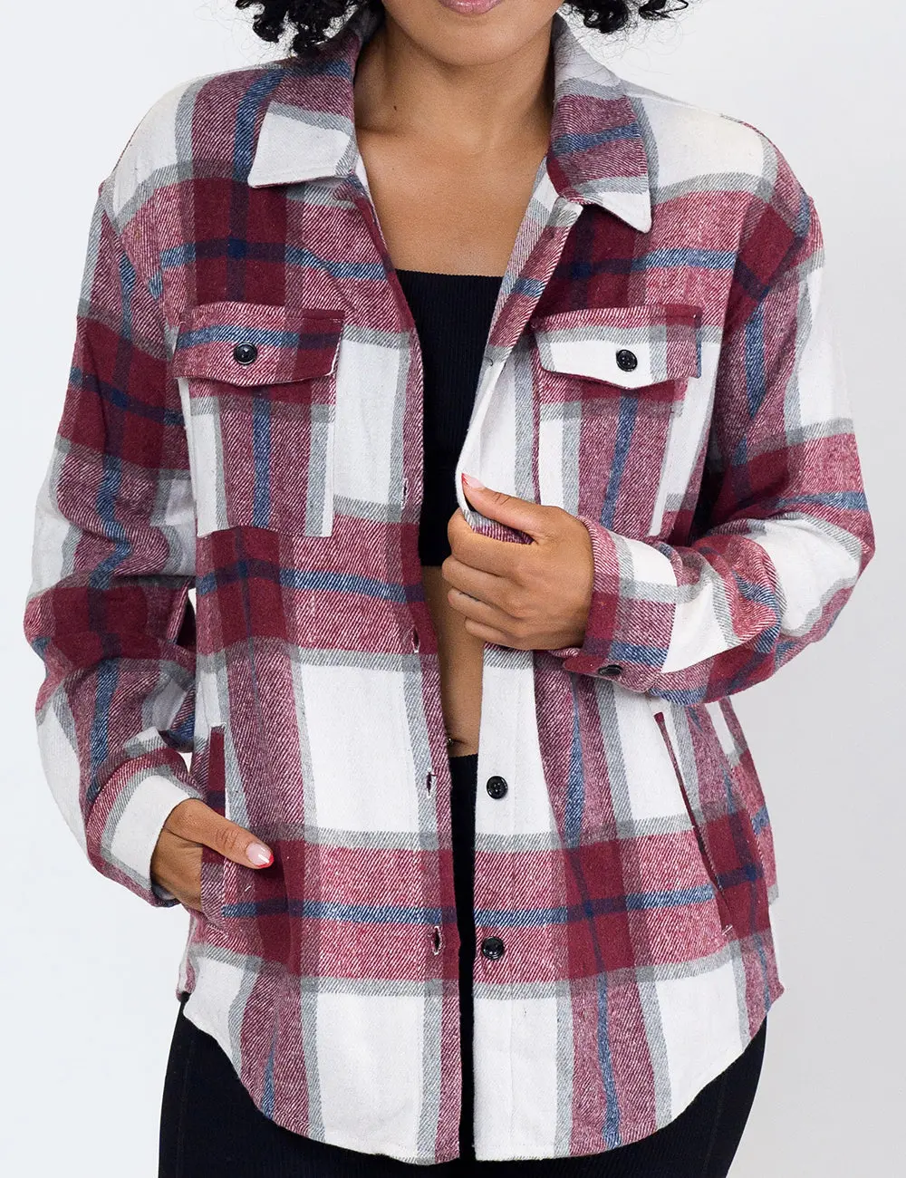 CVG Shacket Red Plaid Drop Shoulder Fitted Long Sleeve Collared Neck Casual Preppy Classic Autumn Winter Medium Length Outerwear with Pockets & Button Closure Jacket Coats, Shirt, Long Sleeves, Elevated Casual