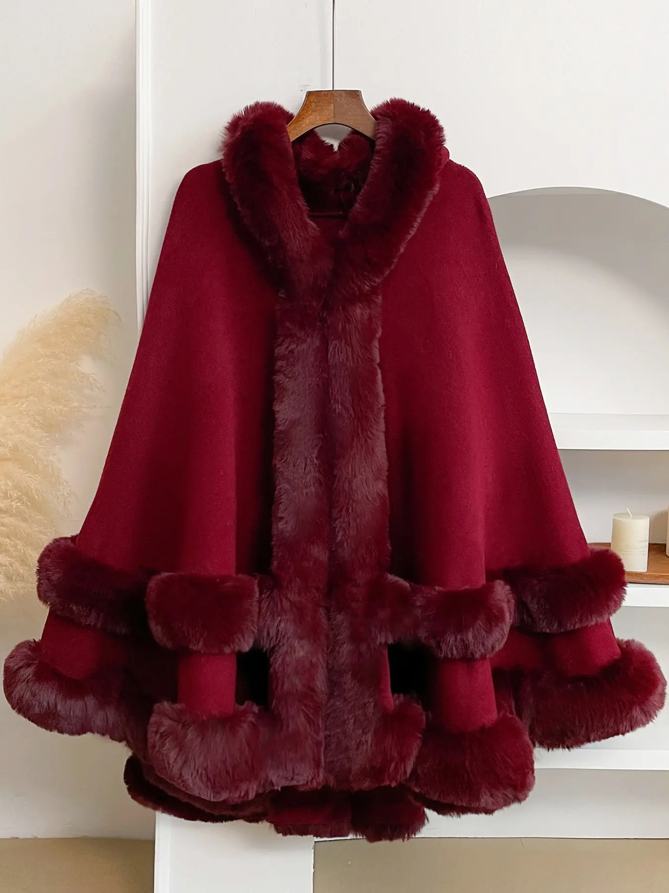 Luxury Faux Fur Hooded Cape Shawl, Fashion Shawl, Fitted, Boho Style Shawl, Bohemian, Warm and Comfortable, Ideal for Air-Conditioned Rooms, Perfect for Home and Parties, Fall & Winter