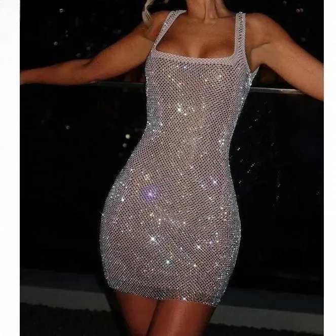 Women's Casual Glitter Backless Sexy Mini Dress, New Square Collar Sleeveless Sparkle Bodycon Club Dress, Casual Wear, Silver, Gold, Clothes, Fashion, Nightclub Dresses