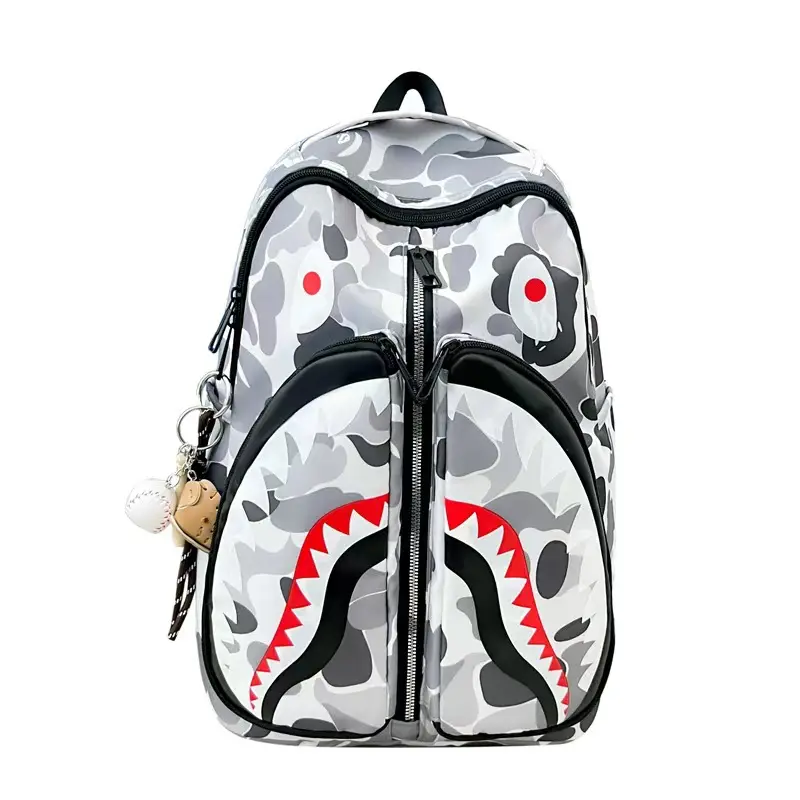 Sprayground Grey-White Camo Shark Face Double-Zipper Large-Capacity Backpack, Streetwear School Travel Daypack for Teen Boys