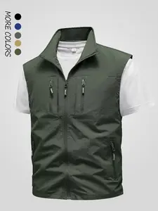 Men's Solid Zip Up High Neck Vest Jacket, Regular Fit Cozy Casual Pocket Sleeveless Outerwear for Fall & Winter, Men's Clothes for Outdoor Activities Sleeveless Gilet