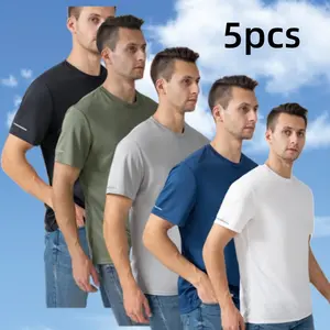 5 pack Men's Ice Silk Short-Sleeved T-Shirts, 2025 Summer Thin Large-Size T-Shirts, Loose, Breathable, Cool Feeling, Sports Quick-Drying Shirts, Men's T-Shirts, Casual, Comfortable, Elastic