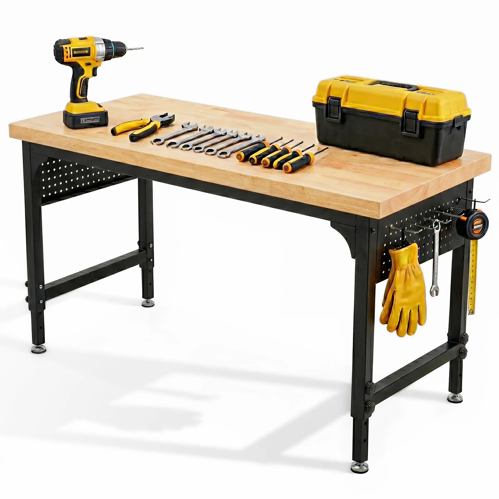 NorthSky 60'' Freestanding Heavy Duty Workbench, 60'' x 23'' x 27.9''-43'' Adjustable Hardwood Table with Pegboard, UL ETL Certified Power Station (Type-C Port, USB Port, AC Outlets), Anti-Slip Pads for Garage Workshop Commercial Office, Mechanics work