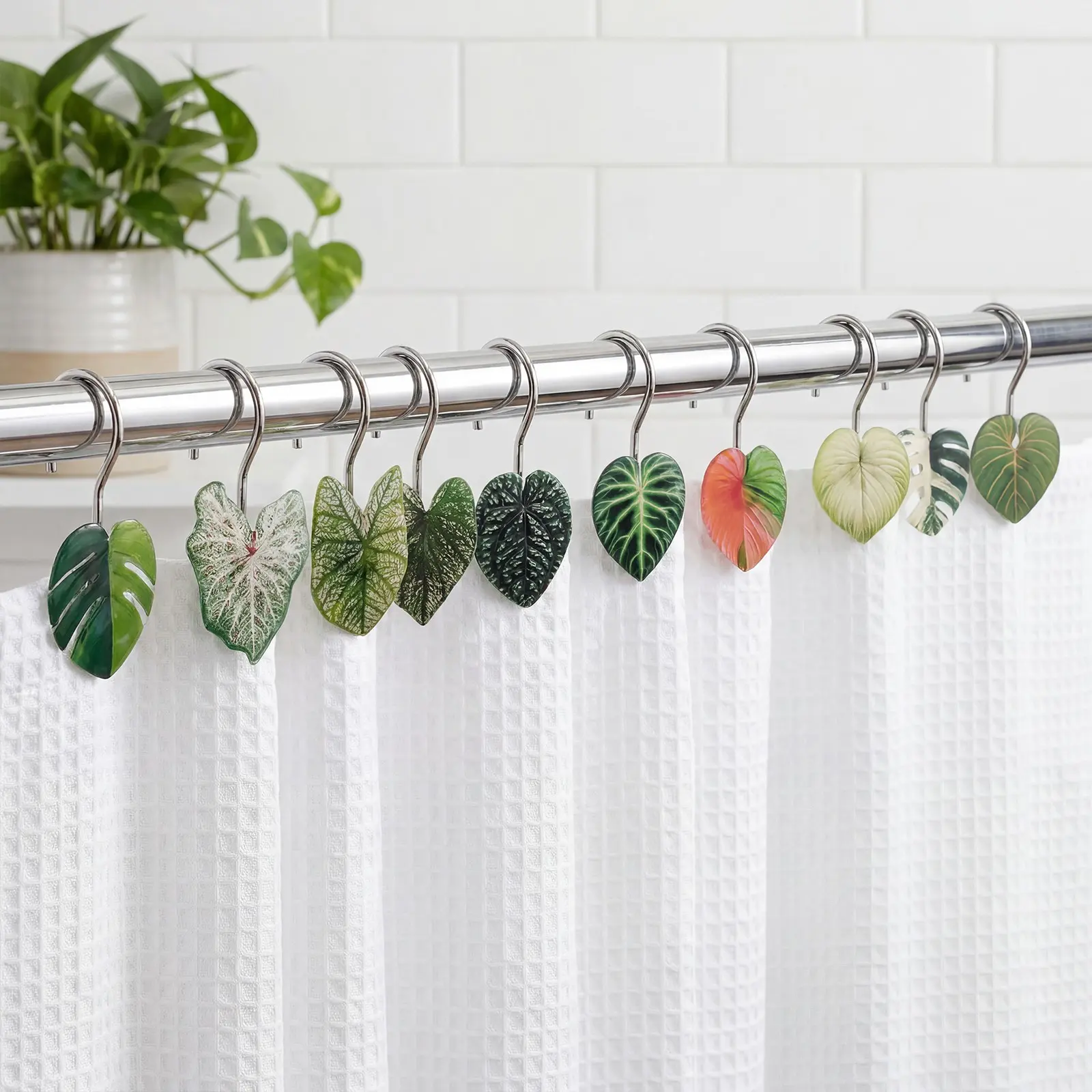 12 Piece Tropical Monstera Leaf Bath Curtain Hooks, Acrylic Creative Design, Stainless Steel Rust-Proof Waterproof, Easy Installation