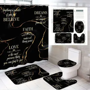 1/4pcs Elegant Black and Gold Marble Bathroom Decor Set - Inspirational Shower Curtain Sets with Motivational Quotes, Luxe Bath Mat, U-Shaped Toilet Base Mat, and Round Lid Cover - Perfect for Modern Glam Home and Holiday Refresh