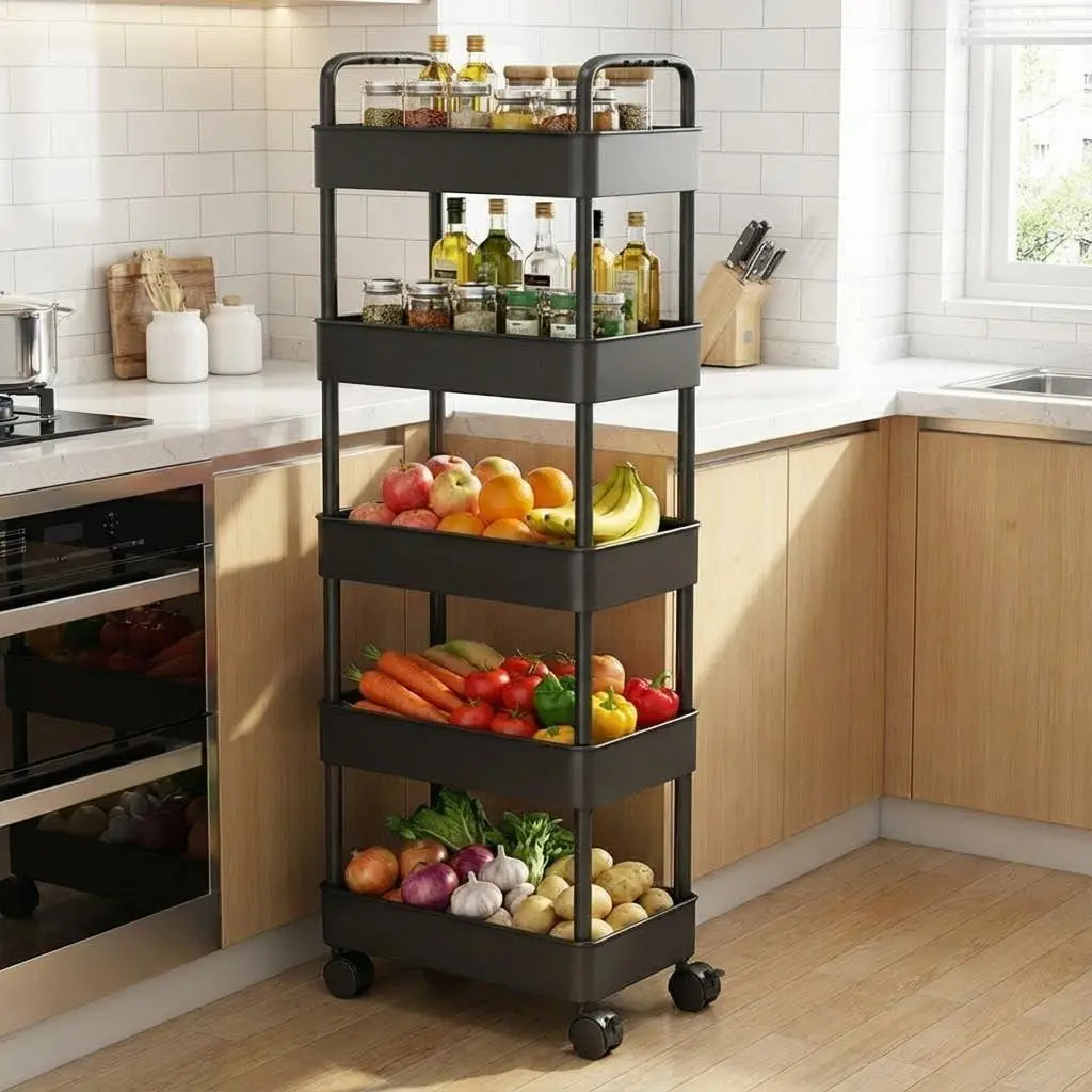 5-Tier Rolling Kitchen Trolley, Wheeled Shelf with Handle, Serving Trolley, Craft Trolley, Niche Shelf for Kitchen, Bathroom, Bedroom, Office, 41 x 28 x 128 cm, Black