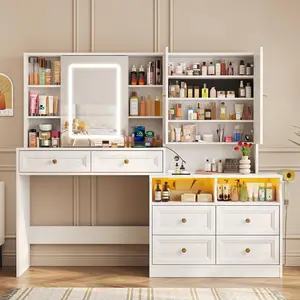 Vabches 58.6" Large Vanity Desk with Sliding Mirror & Lights, Black Makeup Vanity Table & Nightstand Combo with Power Outlet and 6 Drawers 15 Shelves with Light Strips for Bedroom Dressing Room