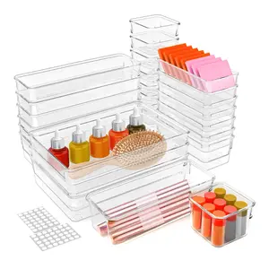 25Pcs Clear PET Drawer Organizers Set 4 Sizes Stackable Non-Slip Storage Bins for Makeup Bathroom Office Kitchen Jewelry Organizing Crystal Clear Round Corner Stackable Design Anti-slip Bottom organizer storage