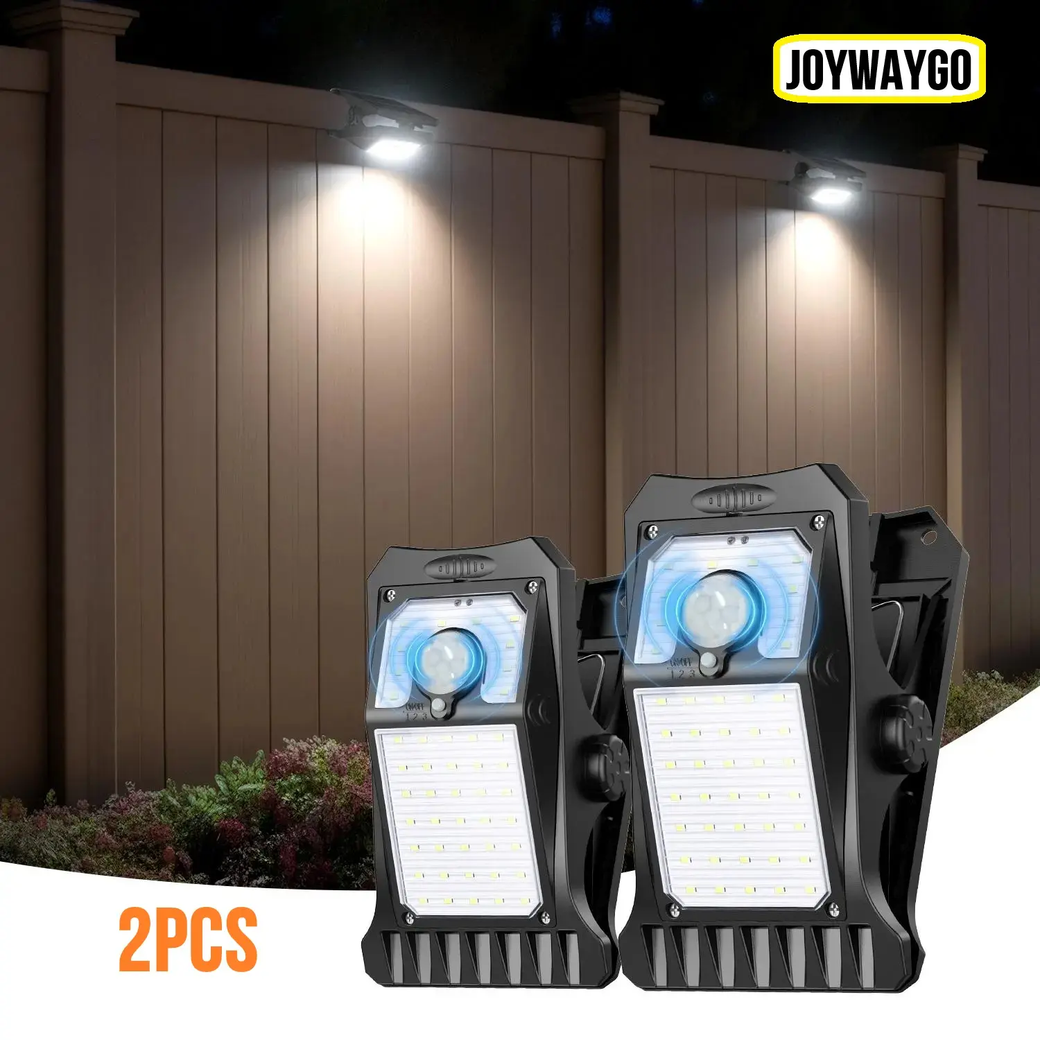 JOYWAYGO 2-Pcs Clip-On Solar Garden Lights - ABS Plastic, Motion Sensor Sensory Lamp, Adjustable, Advanced Solar Panels, Rapid Charging, Waterproof Portable LED, Bright for Fence, Camping