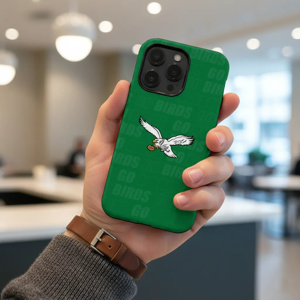 Go Eagles Football Phone Case for iPhone 11-17 Pro Max Plus, High-Quality Materials Glossy 2-In-1 Dual-Layer Shockproof Rugged Cover, Soft TPU & Hard Bumper Shell, Scratch-Resistant Non-Woven Portable Accessory