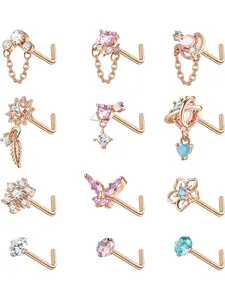 12 Pcs Rose Golden Glamorous Dangle Nose Rings Studs for Women Men 316 Stainless Steel Copper L Shaped Nose Rings Sweet Heart Flower Sparkle CZ Snowflake Butterfly Dangling Nose Piercing Jewelry Set Artificial Zircon