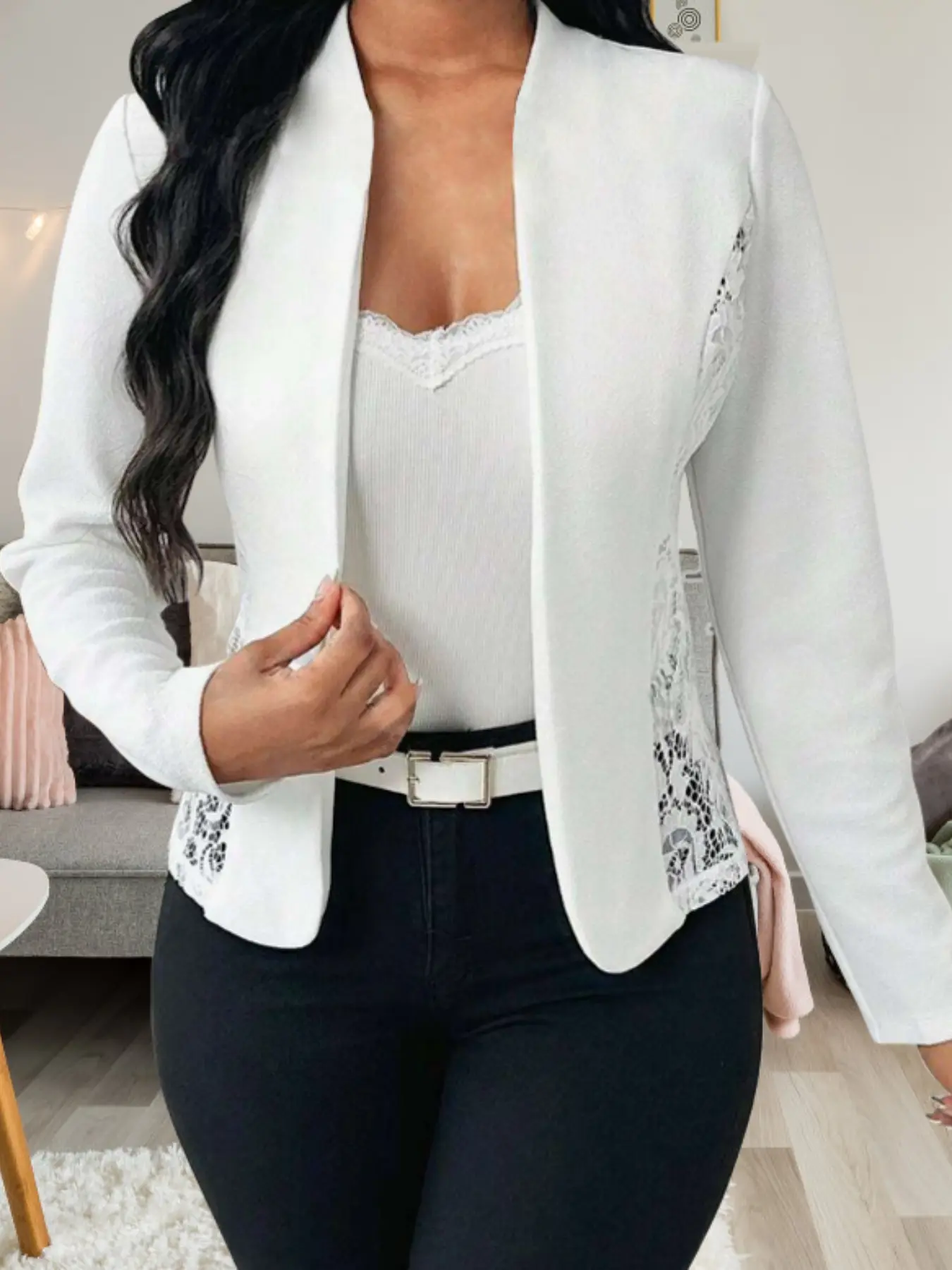 Women's Lace Patchwork Cardigan Blazer, Long Sleeve, Side Lace Detailing, Slim Fit, Perfect for Commuting, Dates, Slightly Formal, Casual Occasions
