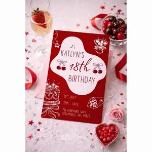 Cherry 18th Birthday Invitation Red Sweet 18 Party Invite for Girls Custom Printed Invitations High-Quality Cardstock Vibrant Professional Printing Optional Envelopes Available
