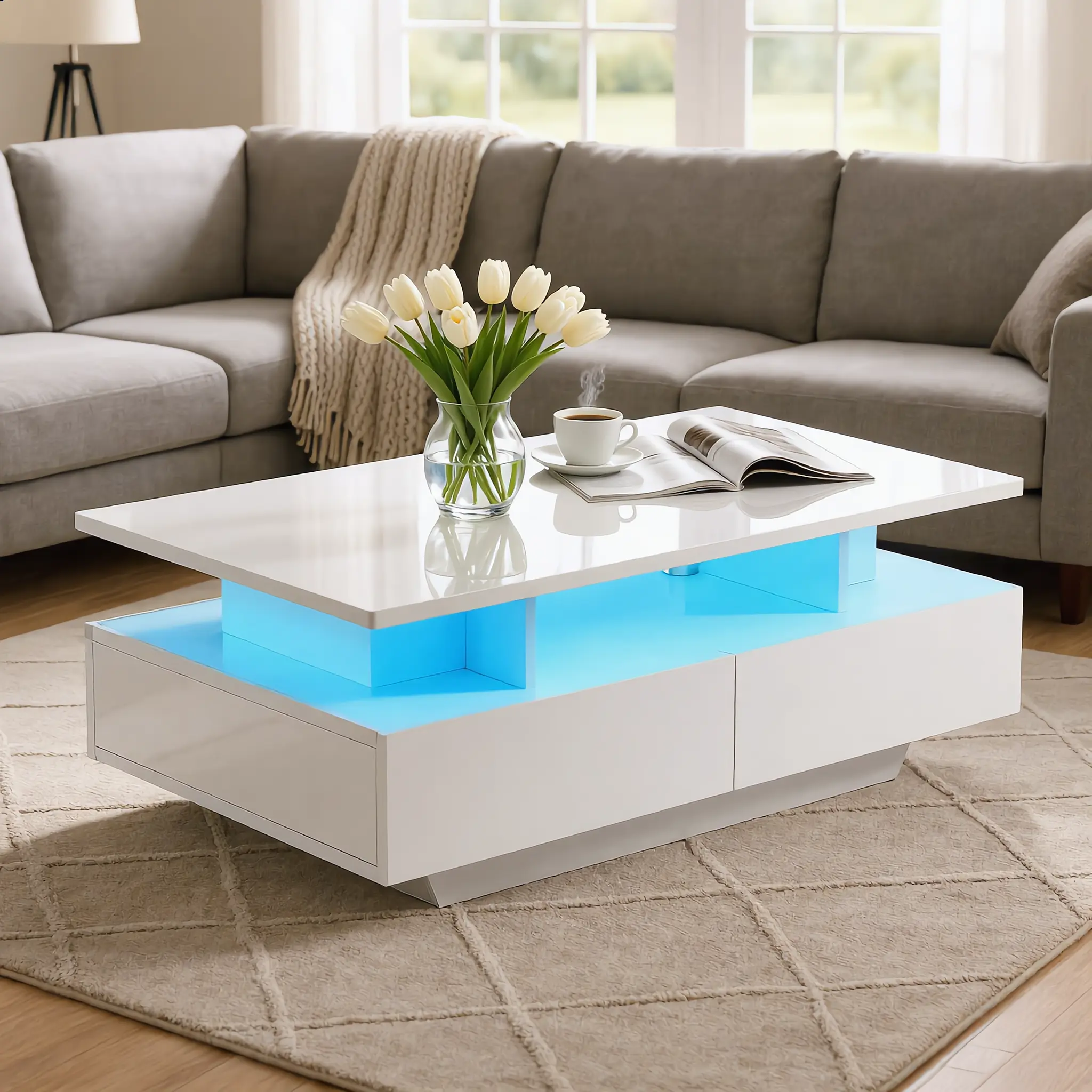 Yitahome LED Coffee Table with Storage, High Glossy LED Coffee Tables for Living Room, Small Center Table with Open Display Shelf&Sliding Drawers Yitahome LED Coffee Table with Storage, High Glossy LED Coffee Tables for Living Room, Small Center Table with Open Display Shelf&Sliding Drawers