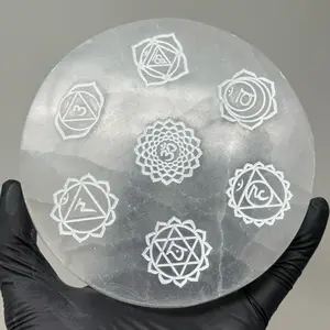 6” inch 7 Chakras Symbols Etched Selenite Plate