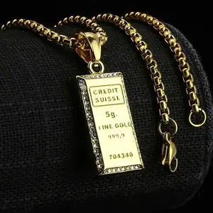 MaxBling81 Unisex Plated Metal Hip Hop Necklace Set - Stainless Steel CZ 5g Gold-Style Bar Pendant, 3mm 24" Rolo Chain, Casual Daily Wear Women's Costume Jewelry Gift