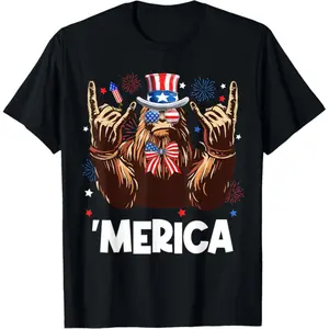 Mens Cotton Graphic Tees Casual Short Sleeve Tops Funny Bigfoot Merica Rock American Flag Patriotic July Fourth T-Shirt