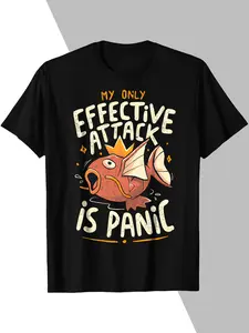 Unisex Fitted "My Only Effective Attack Is Panic" Humor Graphic T-Shirt | Retro Cartoon Fish Print Casual Tee | Trendy Meme Humor Apparel | Comfortable Cotton Crew Neck Short Sleeve | Stylish Everyday & Nerd Culture Wear | Streetwear