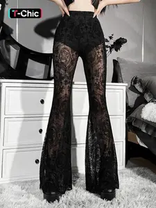 Women's Plain Floral Lace Sheer Flare Leg Pants, Casual Elegant High Waist Bell Bottom Trousers for Dating Party, Ladies Fit Bottoms for All Seasons, Flared