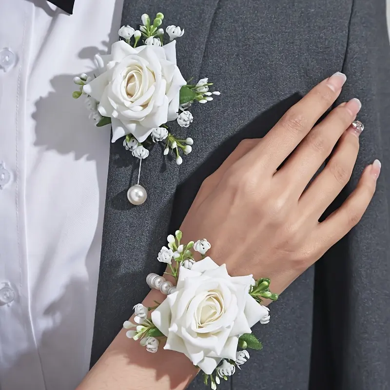 [Elegant Rose Corsage & Wrist Flower Set for Prom] 2pcs Polyester Fiber Corsage-Bracelet Set for School Events, Weddings Decor, Corsage Prom