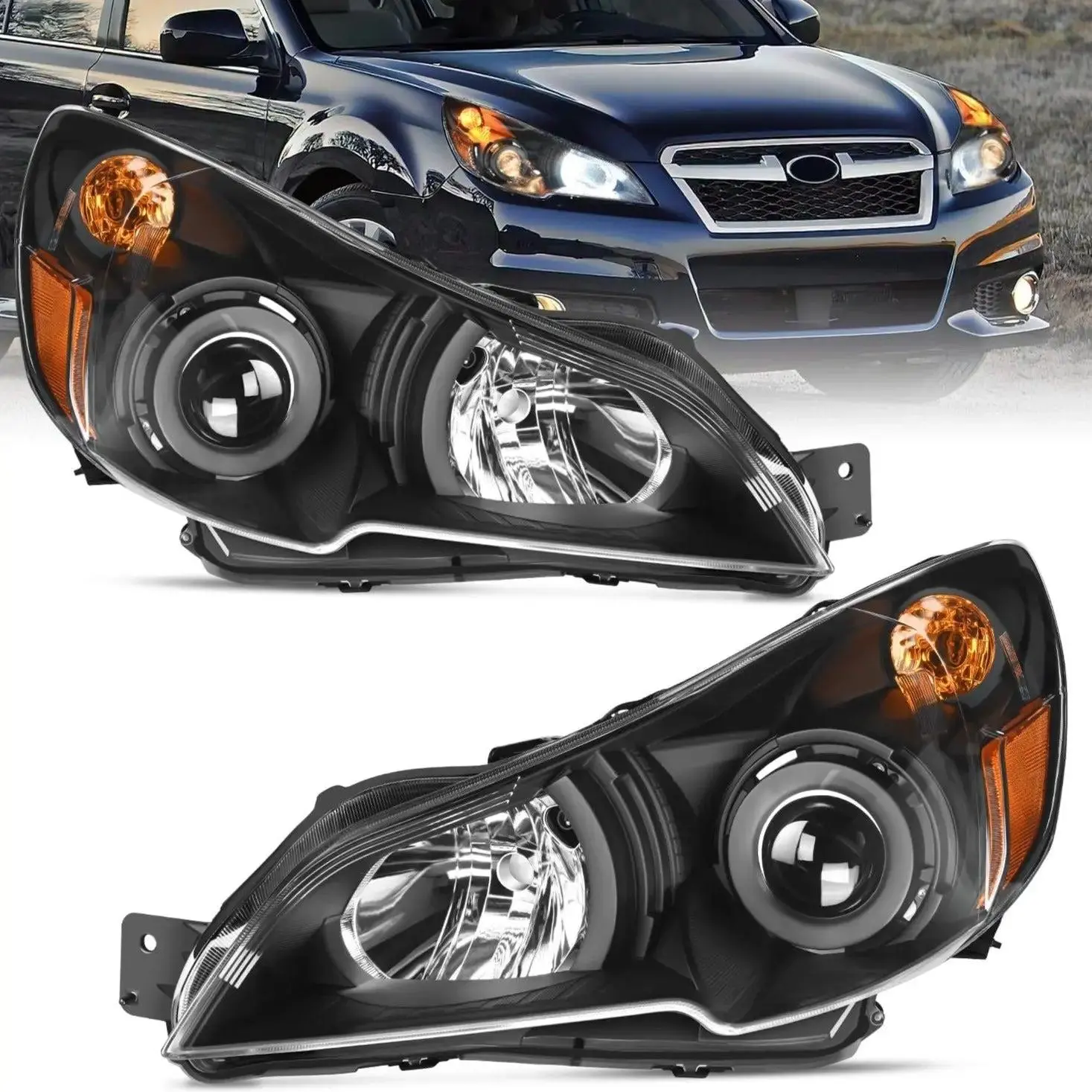 Nilight Automotive Car Lighting Headlight Assembly with Headlight Bulbs - Black Housing, Amber Reflector, Brightening, Adjustable, Waterproof for 2010-2014 Subaru Legacy/Outback, Secure