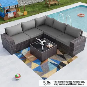 [3 packages delivery] Kullavik Patio Furniture 6 Pieces Outdoor Sectional PE Rattan Sofa Set Brown Manual Wicker Patio Conversation Set with 5 Seat Cushions and 1 Tempered Glass Tea Table
