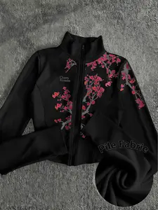 Women's Slim Fit Zipper Jacket Coats, Floral Print, Casual Street Style, High Neck, Long Sleeve, Elastic Waist, Essential Yoga Jacket, Daily Wear, Youth Outerwear