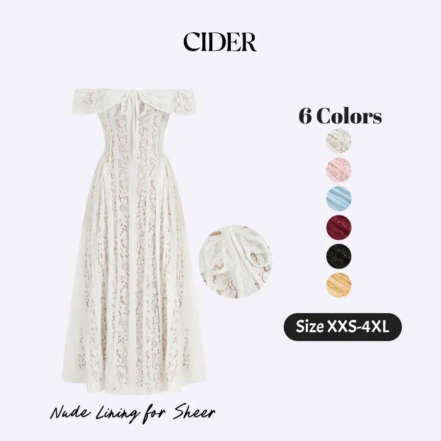 Cider Maxi Dress with Nude Lining for Sheer – Off-Shoulder Knotted Floral Lace Cotton Blend Elegant Romantic Women's Wedding Guest Date Night Gown, Summer Flared Regular Fit Long Dress SohoChic