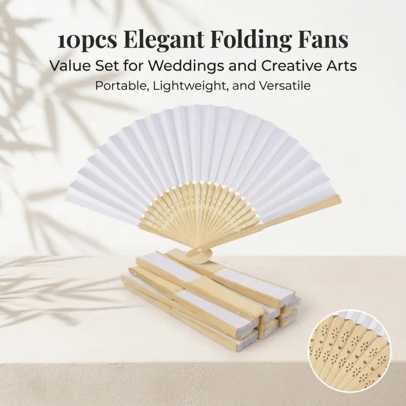 10Pcs Blank White Bamboo Folding Fans, Lightweight Portable Hand Fans for DIY Crafts, Wedding Favors & Party Decor