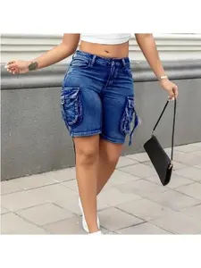 Women's High-Waisted Woven Stretch Denim Bermuda Shorts, Cotton with Accordion Cargo Pockets, Elastic Waist Casual Summer Streetwear Bottoms