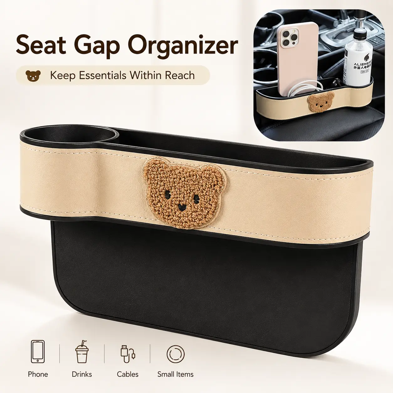 Car Seat Gap Organizer - Cute Bear PU Leather Seat Crevice Storage Box with Cup Holder & Charging Cable Hole, Multi-Compartment Drop Blocker for Car, SUV & Truck Front Seat Console, Aesthetic Auto Accessories Gift for Women, Drivers & Teens
