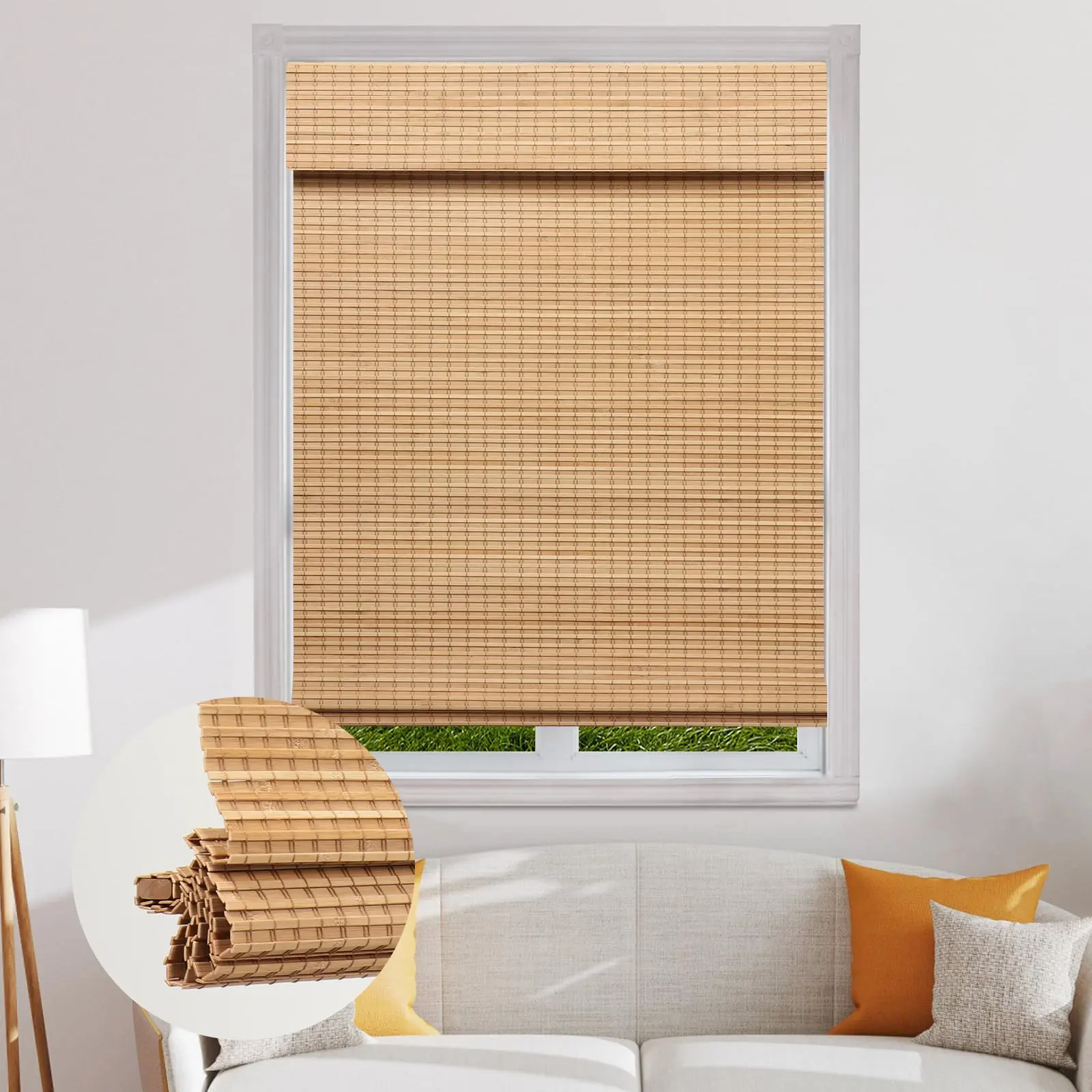 SEEYE Cordless Bamboo Roman Shades with Bamboo Slats - Blackout Curtain Blinds, UV-Protection Indoor Window Shade, Privacy Roll-Up, Adjustable Height, Easy Installation, 34" W x 64" H (Carbonized/Brown/Natural)