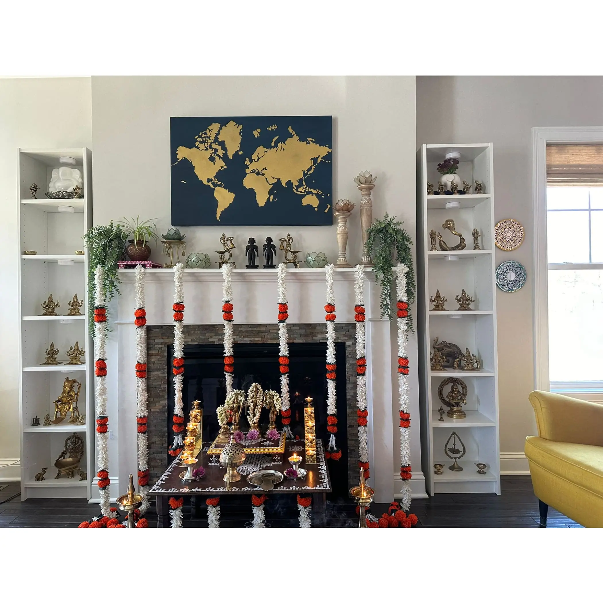 Beautiful Home Plastic Irregular-Shape Jasmine & Marigold Garlands - Religious Hanging Decoration, Festive Decor for Diwali & Christmas, Home Adornments, Traditional, Contemporary Home Decor, Ornaments