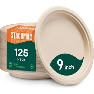Compostable Paper Plates, Heavy Duty Disposable Plates [125-Pack] 9 Inch Plates -, Biodegradable Sugarcane Bagasse, Unbleached Brown 9" Dinner Paper Plate Disposable