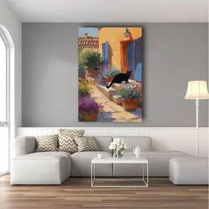 Unframed Preppy Black Cat Canvas Wall Art Print - Stylish Fine Art Poster, Y2K Room Decor Accessory for Girls' Home Decor