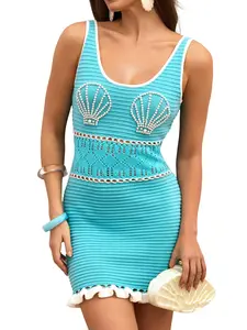 FAIRY SEASON Women's Vacation Cover Up Dress Pearl Shell Pattern Beach Mini Dress Crochet Ruffle Hem Swimwear Coverup