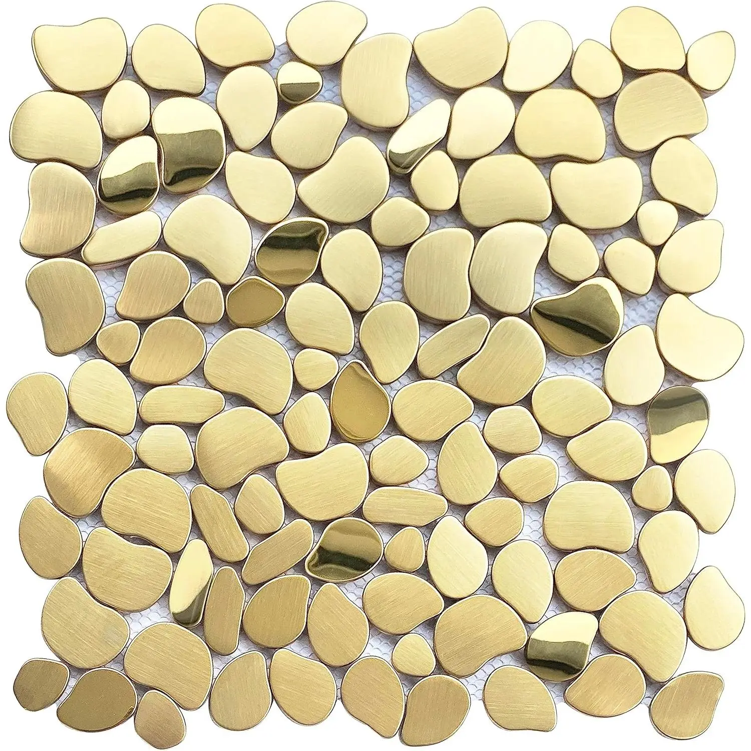 Golden Metal Pebble Mosaic Tiles, 5 Sheets Stainless Steel Backsplash Mesh Mounted, 12x12 Inches  Metal Tile,  Wall Tiles for Kitchen Bathroom Backsplash Shower Stove Backsplash