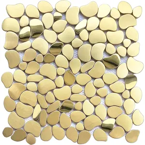 Golden Metal Pebble Mosaic Tiles, 5 Sheets Stainless Steel Backsplash Mesh Mounted, 12x12 Inches  Metal Tile,  Wall Tiles for Kitchen Bathroom Backsplash Shower Stove Backsplash