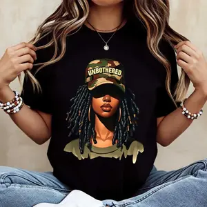Unbothered Black Girl T-Shirt - Camo Hat & Locs Graphic Tee - Melanin Poppin Streetwear - Casual Short Sleeve Top
