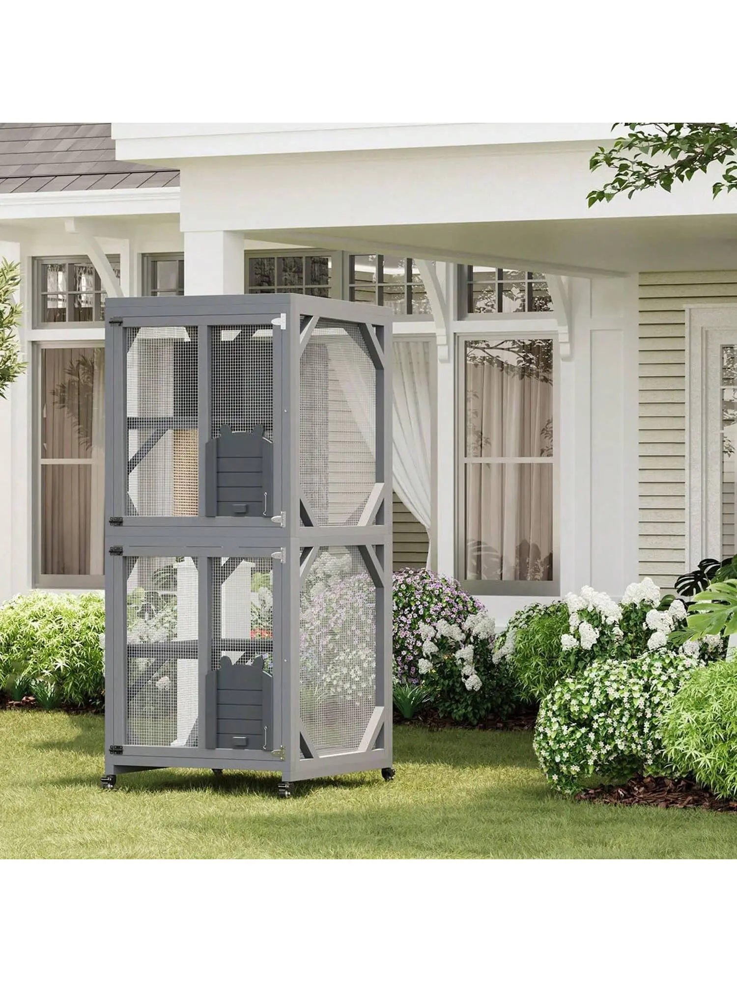 Gaomon Moveable Solid Fir Portable Outdoor Cat Playpen on Wheels, Weatherproof Roof Kitty House with Upgraded Resting Box, 4 Platforms, Scratch Post, 68'' Window Catio