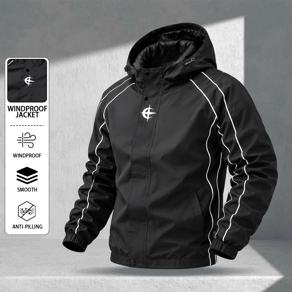 Men’s black hooded technical outdoor jacket with contrasting piping, chest graphic print, adjustable windproof hood with drawstring, double-zip front closure, high-street functional style for spring and autumn outdoor activities.