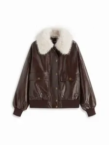 Faux Leather Metal Button Oversized Jacket With Detachable Faux Fur Collar