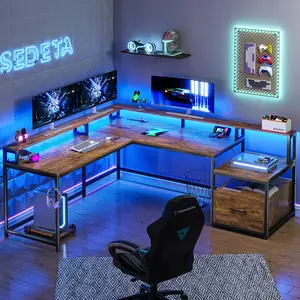 SEDETA 66-inch LED L-Shaped Gaming Desk with Storage，Large Computer Gaming PC Desk, Writing Table Study Desk for Bedroom, Study, Office Reversible desktop