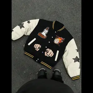 NewMen's Cartoon & Letter Print Baseball Jacket, Regular Fit Casual Colorblock Long Sleeve Button Front Bomber Jacket for Spring & Fall, Fashion Men's Outerwear for Daily Wear, Coats