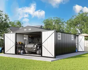 VanAcc 13.2x21x8 FT Outdoor Storage Shed, Huge Metal Garage Shed with 2 Double Hinged Doors and 4 Windows, Carport for Car, Truck, Bike, Garbage Can and Lawnmower, Dark Grey