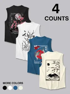 Men's Cherry Blossom & Mountain Print Stylish Vest Tank Top, Regular Fit Casual Sleeveless Top for Summer, Men's Top for Daily Wear, Socks, Sleeveless Tanks, Vest Tops