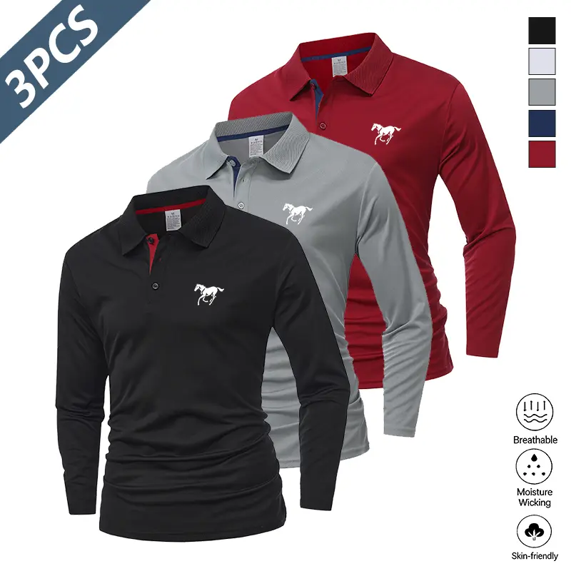 LIFE KEEPS MOVING 3-Pack Spring/Autumn Long-Sleeve Polo Collar Button Casual Business T-Shirt Tops, Chest Print Design, suitable for fitness, running, sports, and golf; versatile classic top with durable collar.
