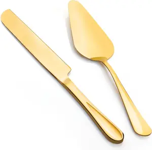 2-Piece Premium Cake Cutting Set, Exquisite Knife and Server with Serrated Design, Includes Cake Knife and Pie Spatula for Pastry, Pizza and Desserts (Gold)
